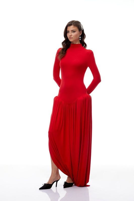 Red Open Back Asymmetrical Maxi Dress