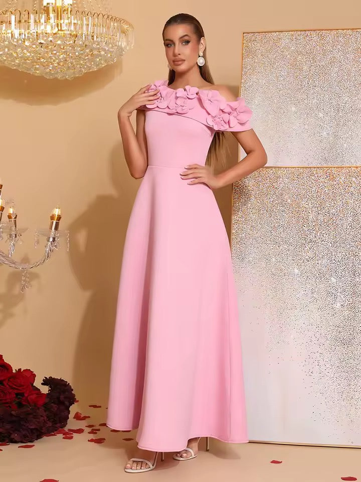 Pink Appliques A-line Dress Slanted Collar High Waist Pleats Long Dress