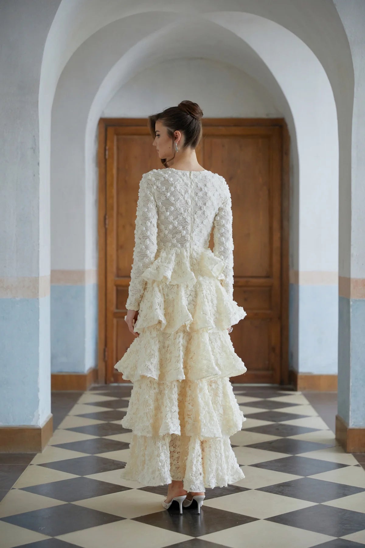 Neutral Tiered Floral Lace Maxi Dress