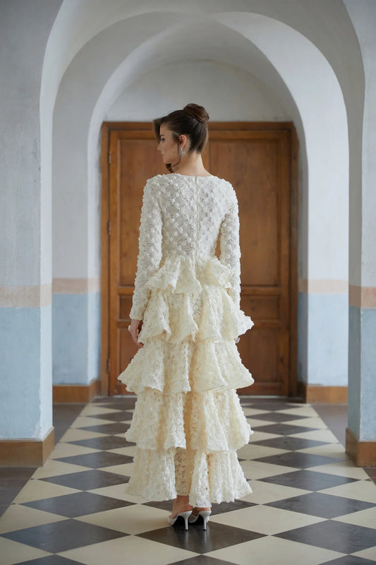 Neutral Tiered Floral Lace Maxi Dress