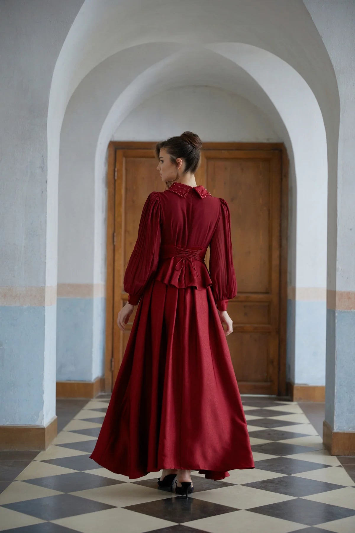 Red Beaded Pleated Textured Maxi Dress