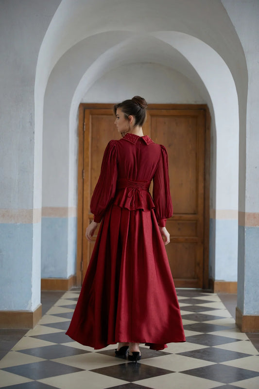 Red Beaded Pleated Textured Maxi Dress