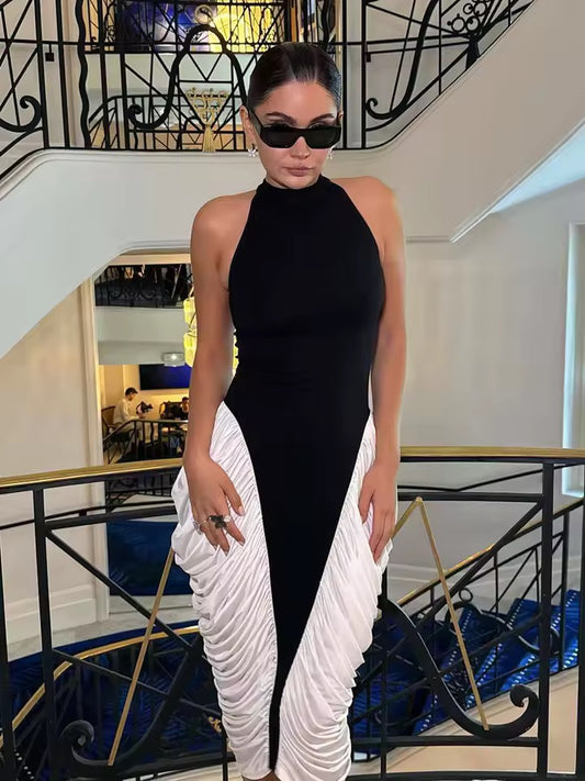 Hip Wrapped Patchwork Sleeveless Midi Dress