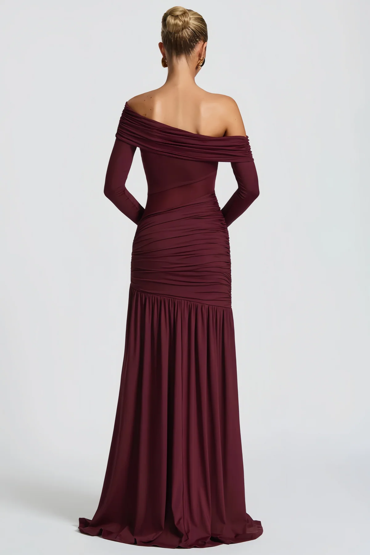 Burgundy One Shoulder Gathered Maxi Dress