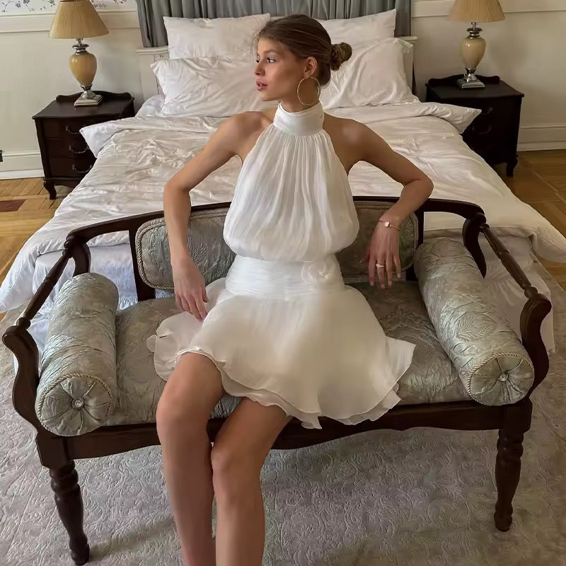 Chiffon Flower Backless Sexy Mini Dress