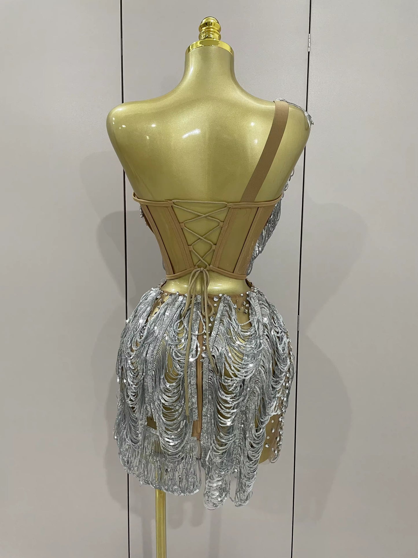 Sparkly Rhinestone Sequins Tassel Mesh One Shoulder Short Dress