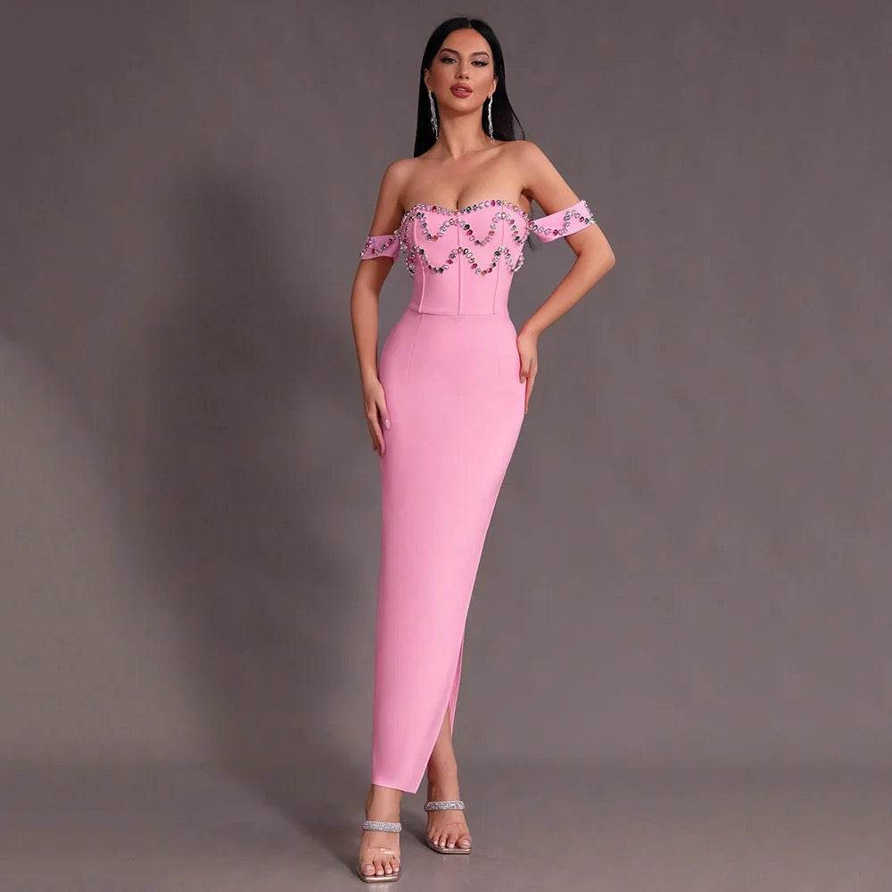 Pink Split Off Shoulder Diamond Long Bandage Ball Dress - REBECATHELABEL