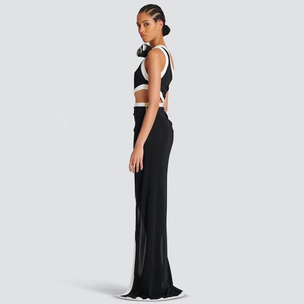 One Shoulder 3D Flower Hollow Asymmetric Split Long Bandage Dress - REBECATHELABEL
