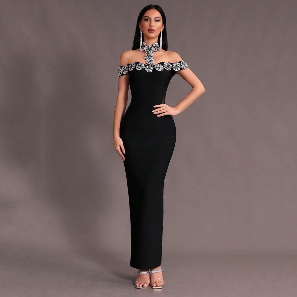 Off Shoulder Luxury Diamond Tight Long Bandage Dress - REBECATHELABEL