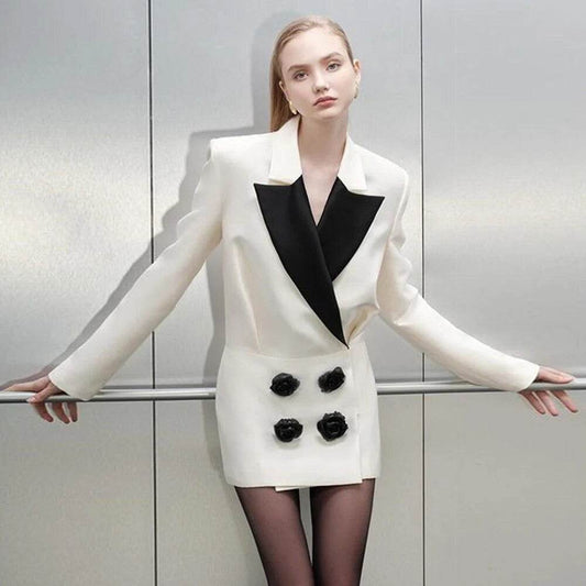 Black and White Contrast Spliced Flower Double Button Suit Mini Dress - REBECATHELABEL