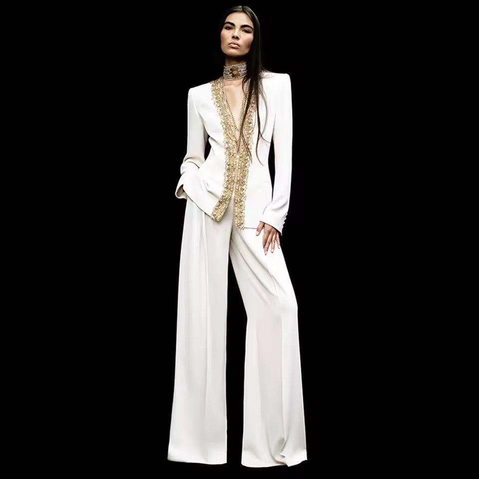 Beaded Suit Zipper Blazer+Wide Leg Pants Two-Piece Set