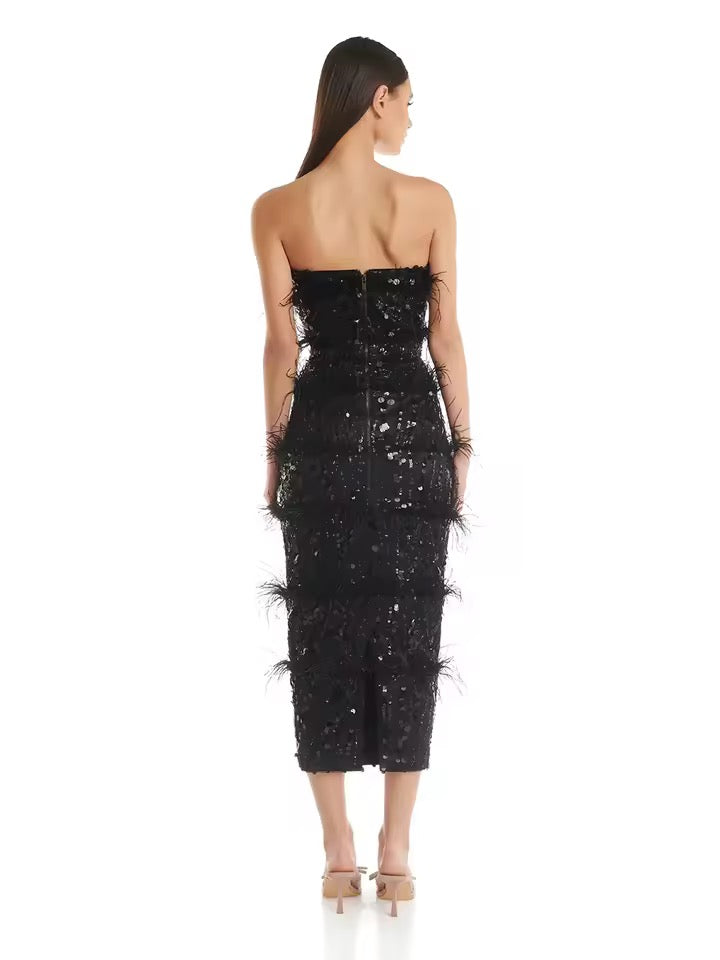Sleeveless Feather Strapless Backless Sequin Maxi Dress