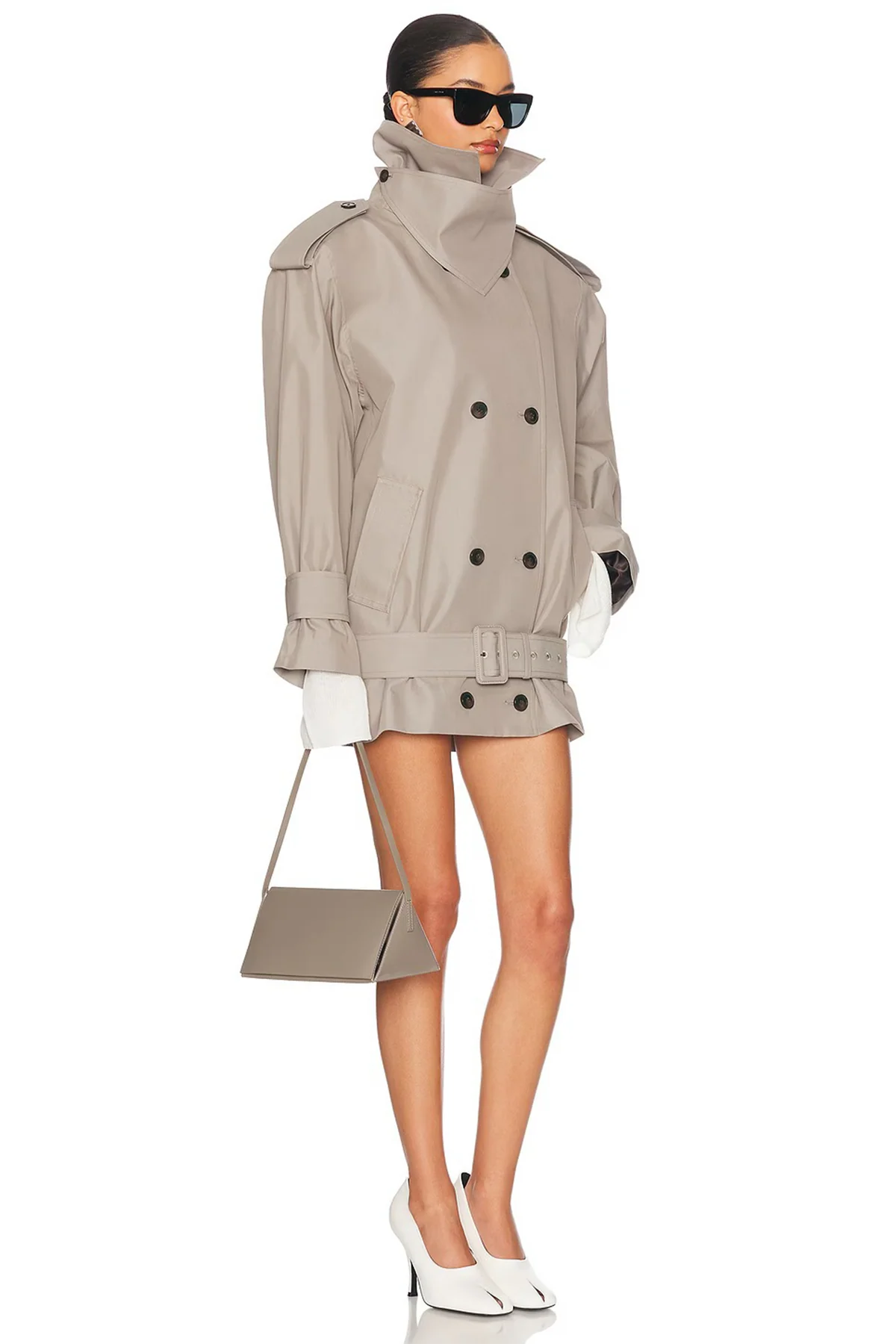 Grey Double-Breasted Belted Trench Coat