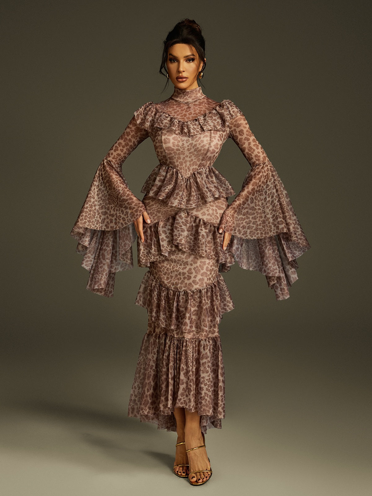 Leopard Slimming Spliced Ruffles Folds Sexy Dress