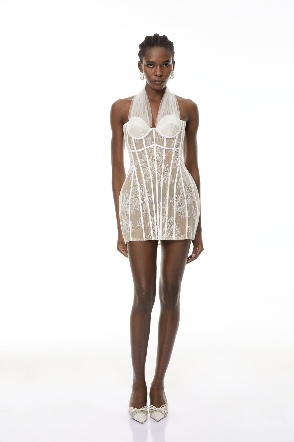 White Halterneck Lace Mini Dress