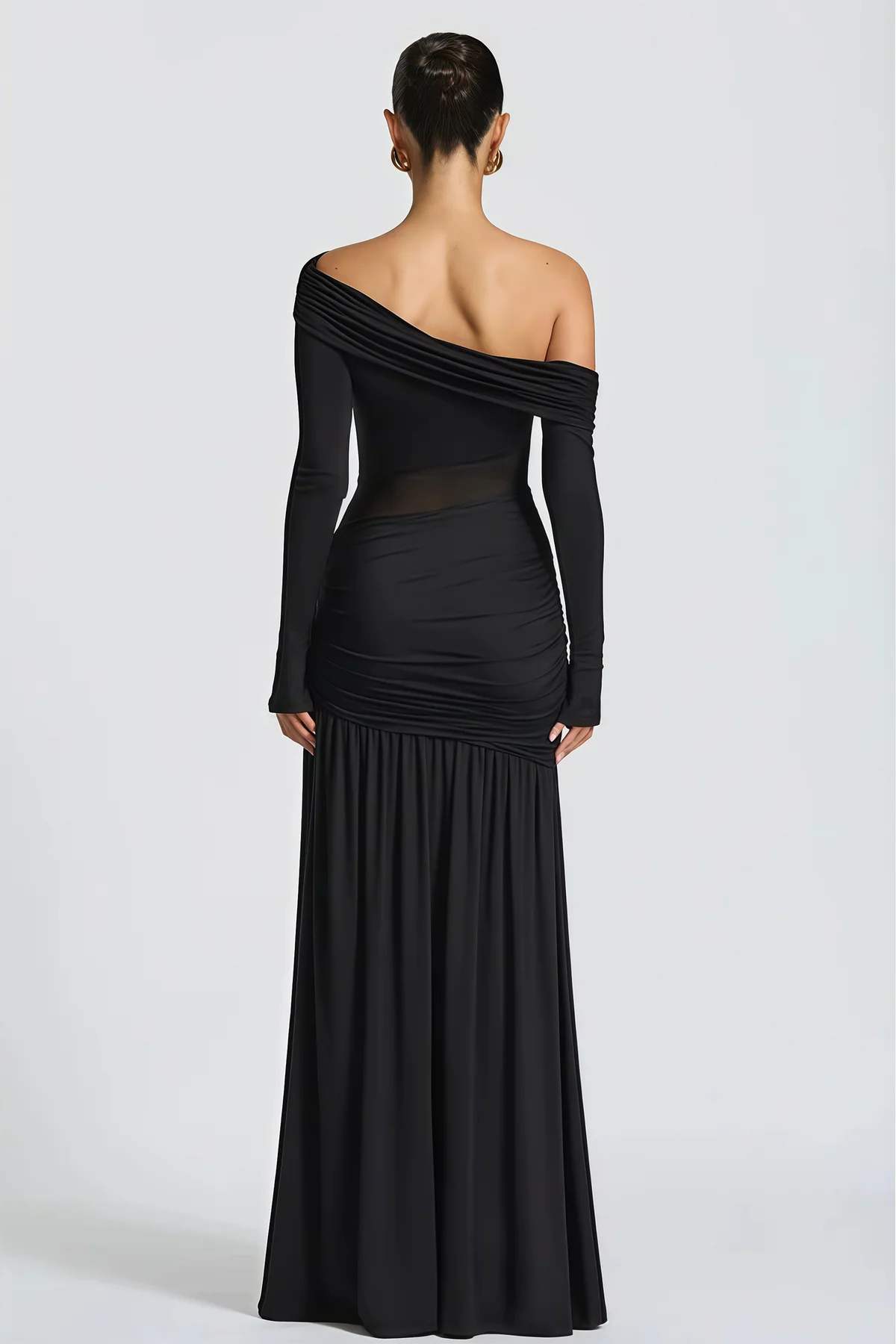 Black One Shoulder Gathered Maxi Dress