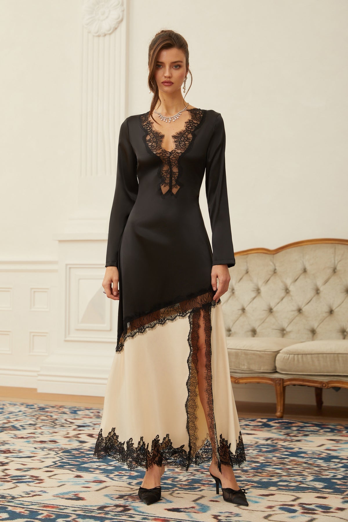 Black Lace Panel Satin Midi Dress