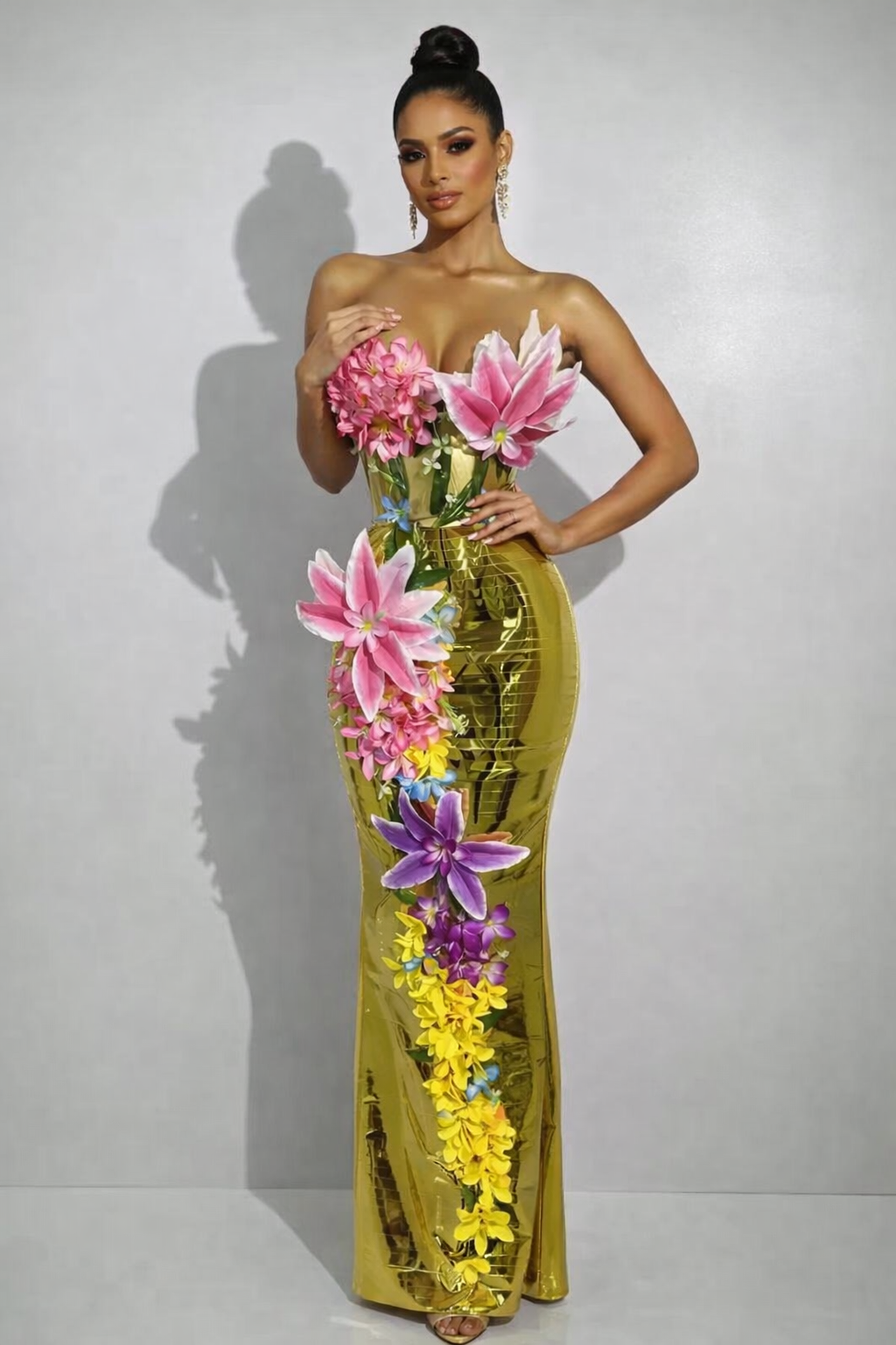 3D Flower Golden Mesh Top Bodycon Long Dress Two-Piece Set