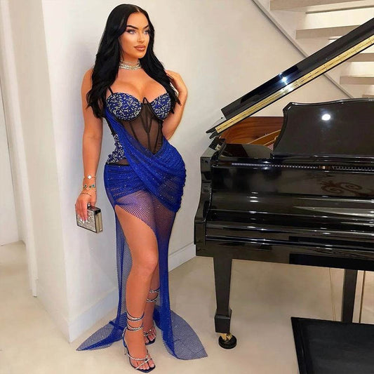 Mesh Corset Crystal Sleeveless Ruched Slit Sequin Party Dress - REBECATHELABEL