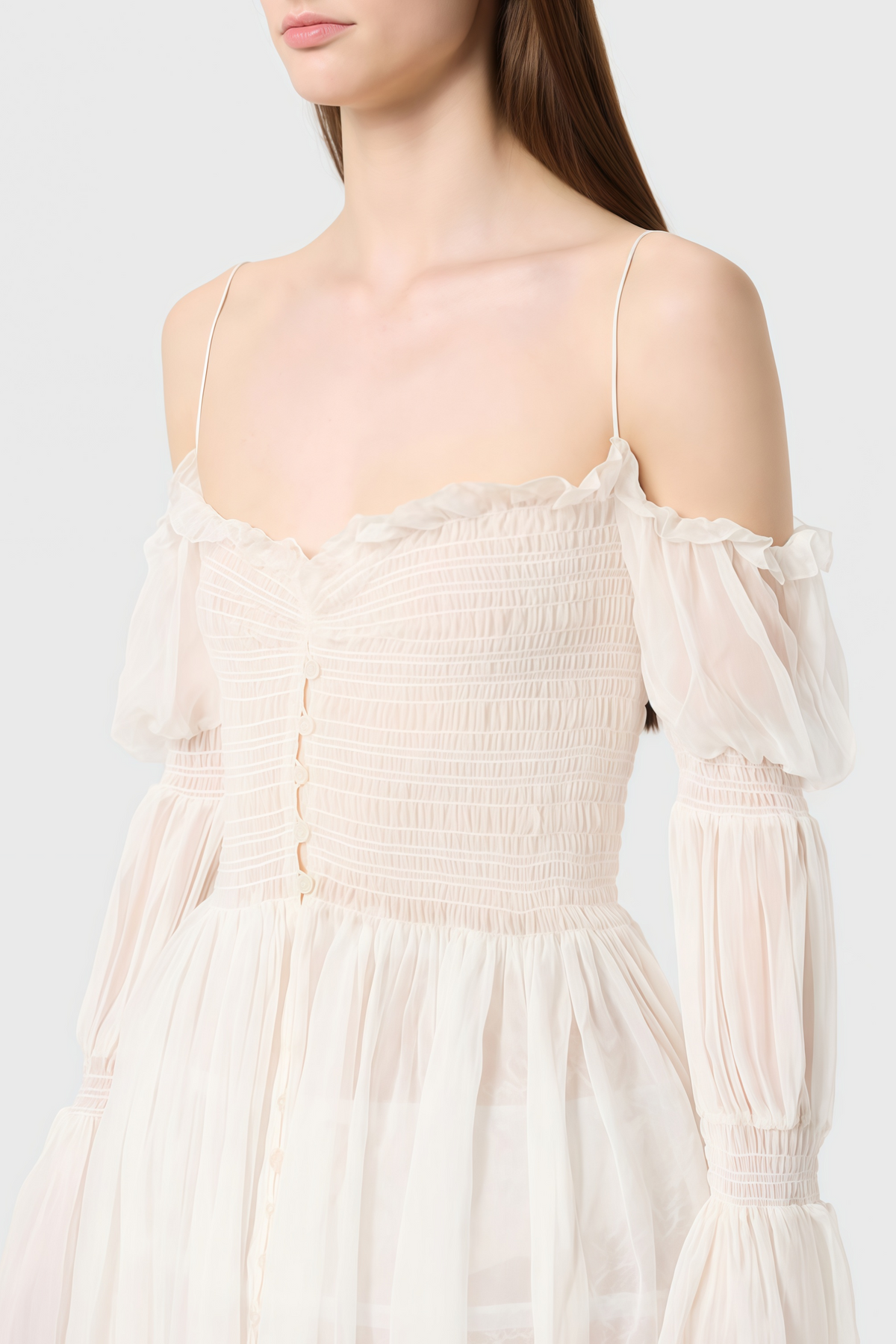 White Smocked Shirred Chiffon Maxi Dress