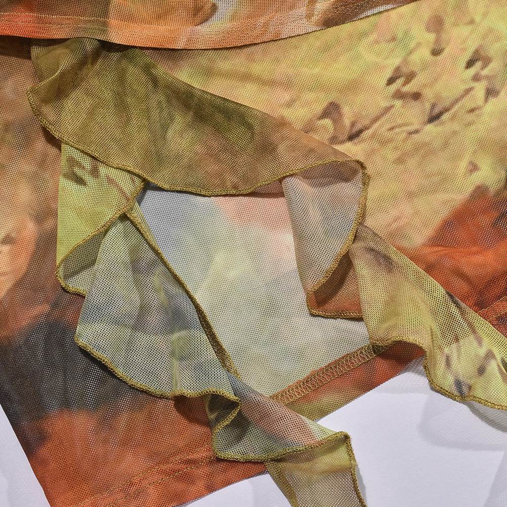 Mesh Floral Print Cropped Exposed Irregular Asymmetric Dress - REBECATHELABEL