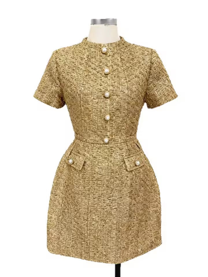 Retro Button Gold Tweed High Waist Mini Dress
