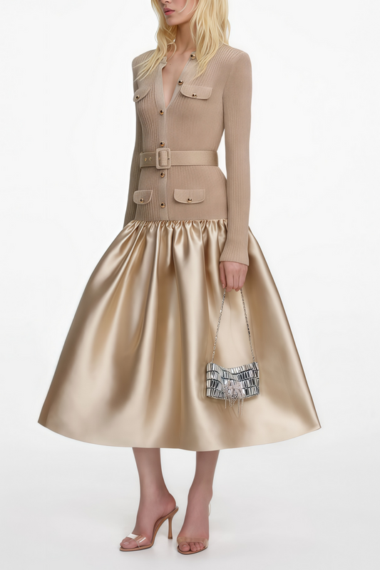 Gold Satin Panel Knit Midi Dress