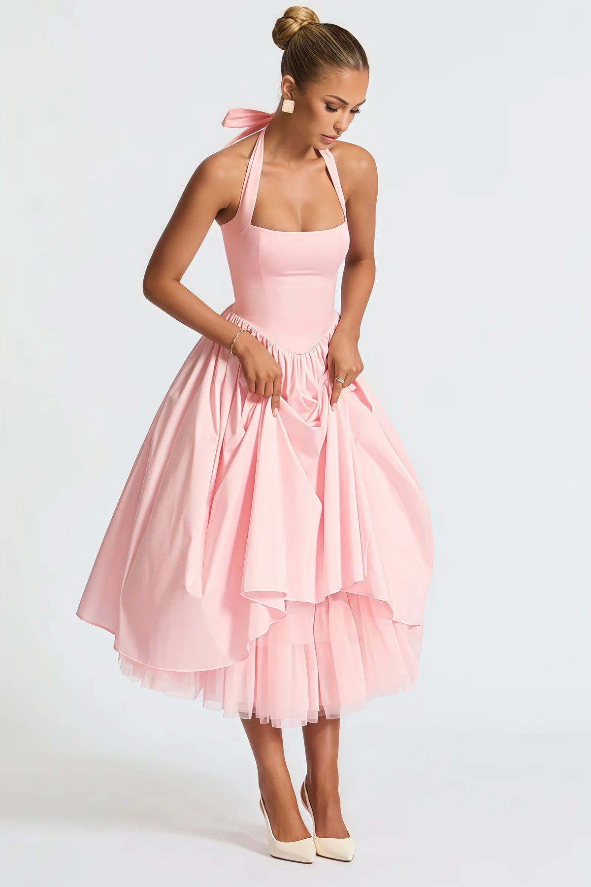 Pink Layered Flared Hem Midi Dress