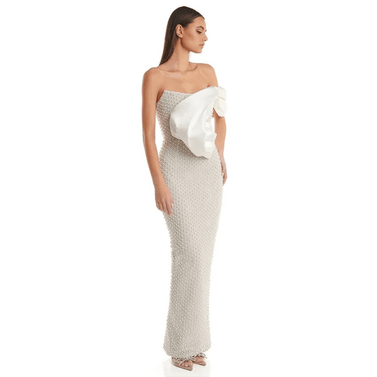 Off Shoulder Luxury Pearl Tight Long Elegant Dress - REBECATHELABEL