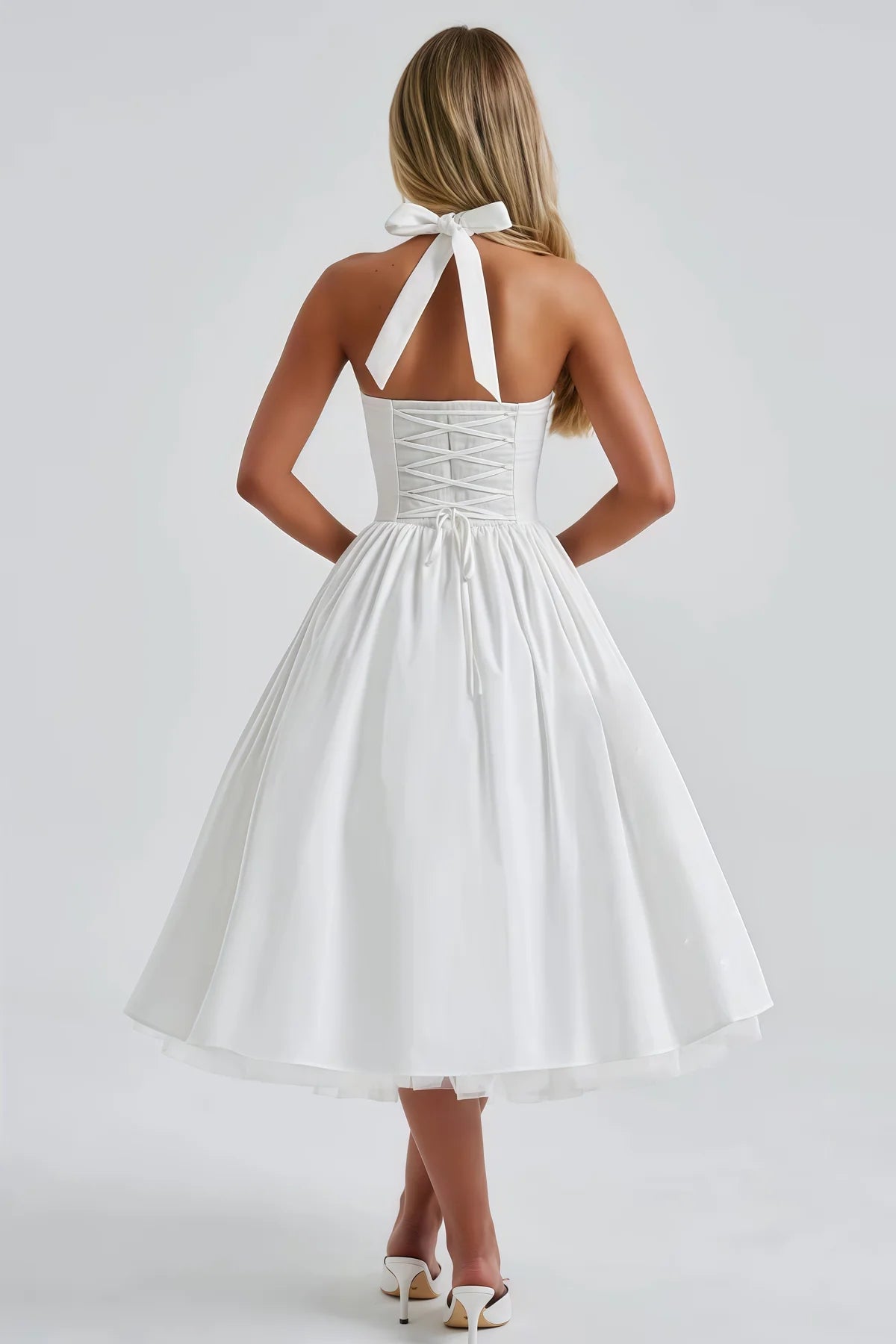 White Layered Flared Hem Midi Dress