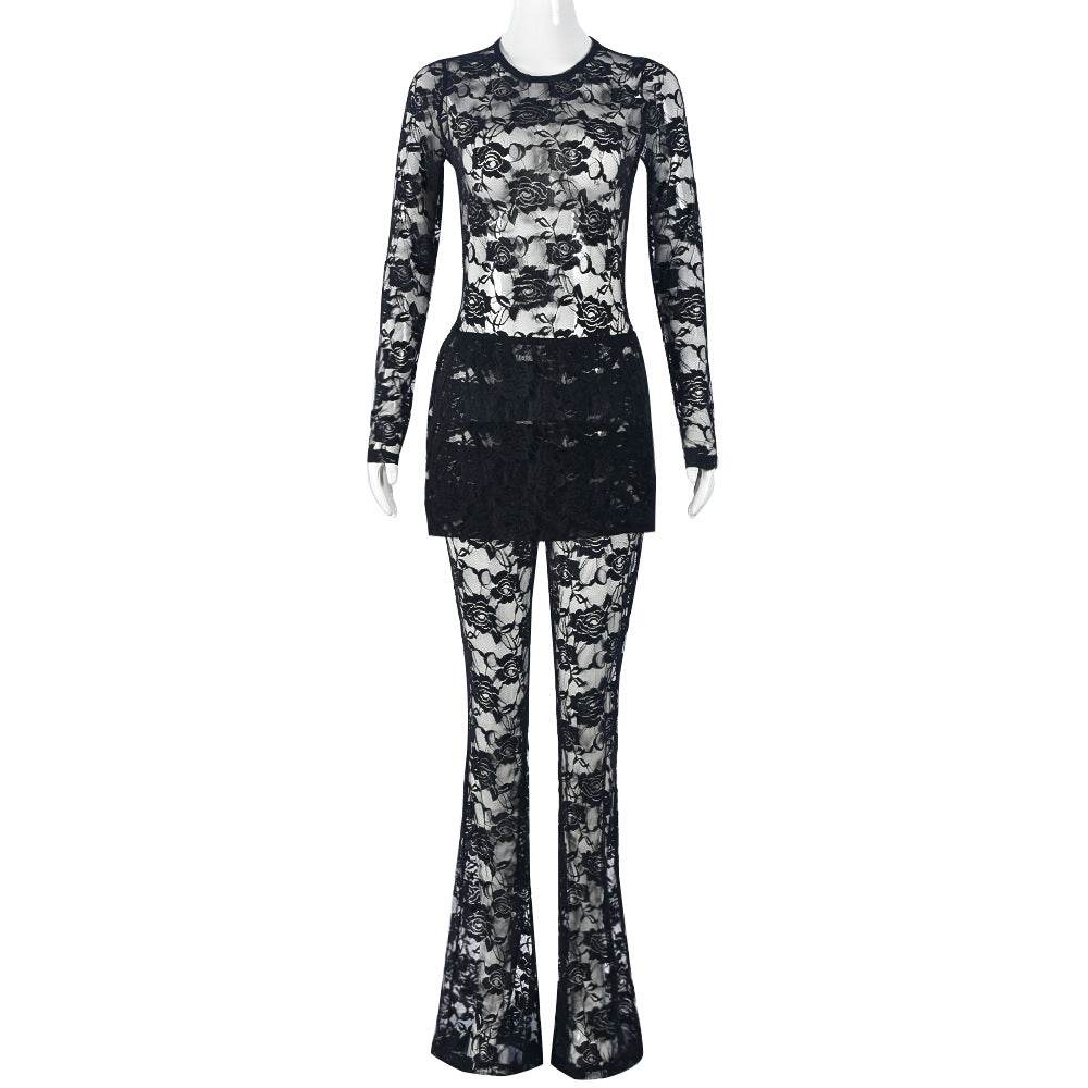 Hollow Out Cutout round Neck See through Top Culottes Two Piece Set - REBECATHELABEL