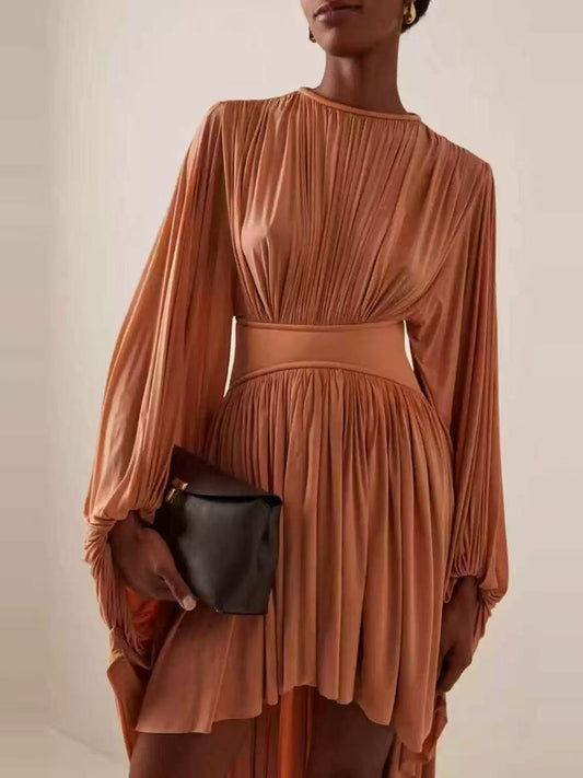 Brick-red Bat Long Sleeved Dress