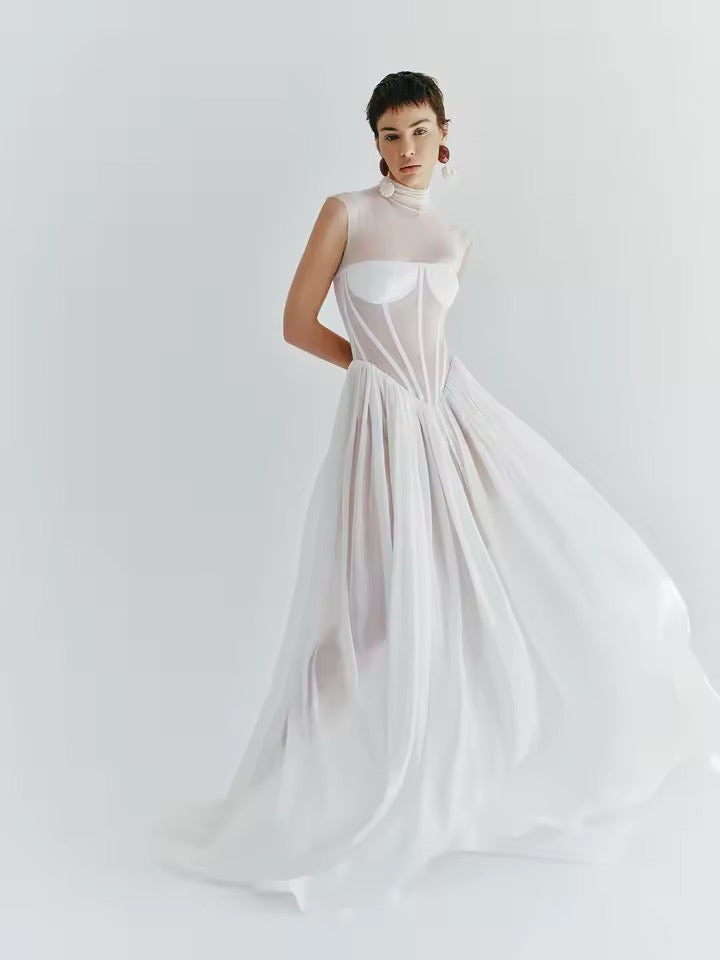 See Through Mesh Slim Fit Oversized Hem Long Maxi Dress