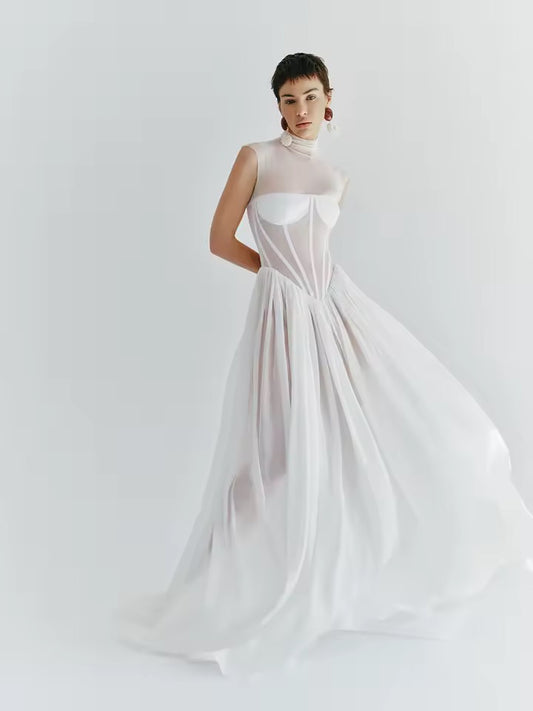 See Through Mesh Slim Fit Oversized Hem Long Maxi Dress