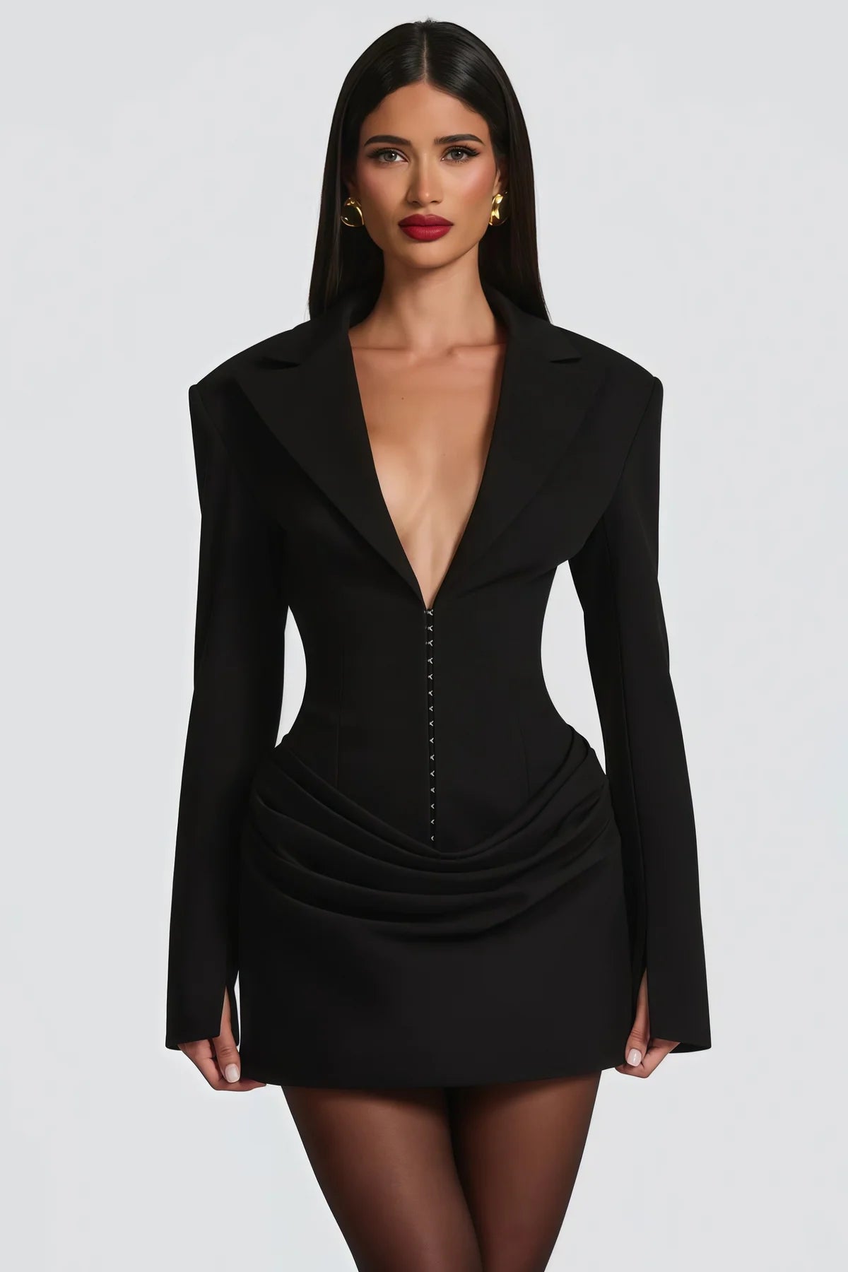 Black Ruched Blazer Mini Dress