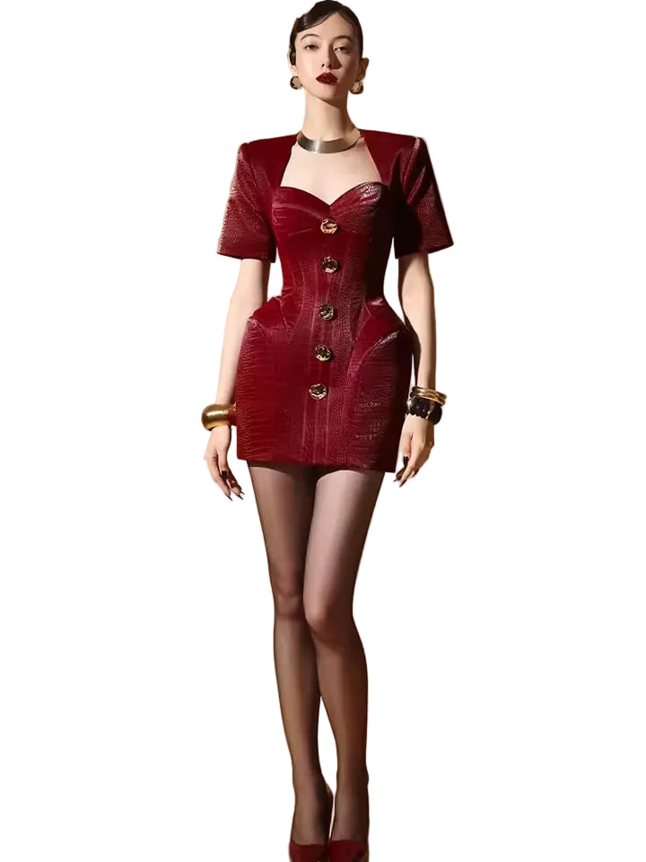 Red Leather Mini Dress with Decorative Buttons