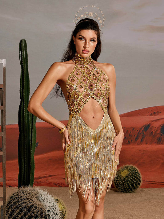 Sequin Fringe Metallic Dress In Gold - REBECATHELABEL