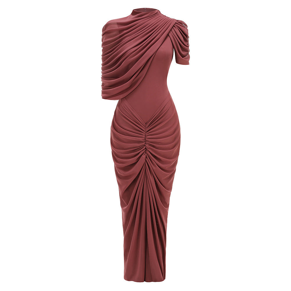 Red Wrap-Ruched Turtleneck Evening Gown dress