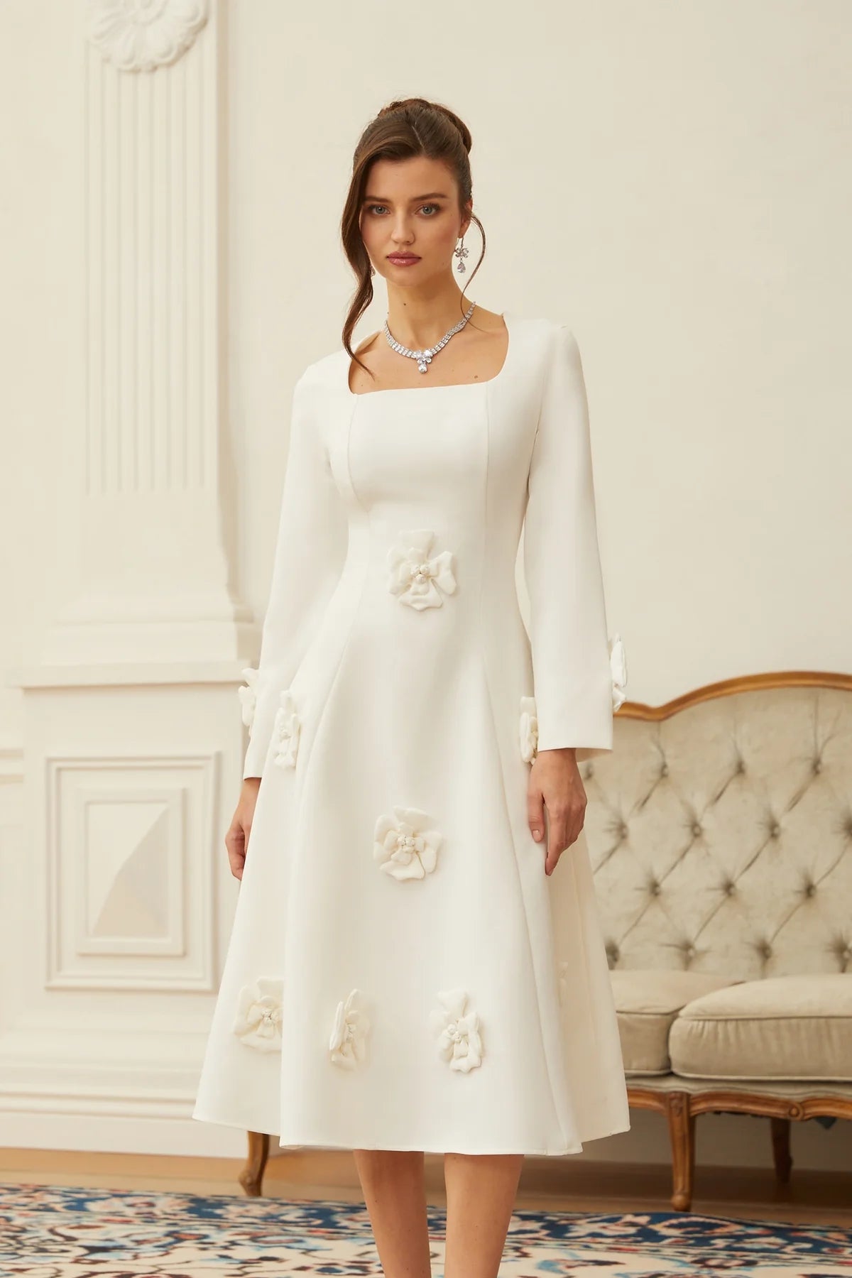 White 3D Petal Darted Midi Dress