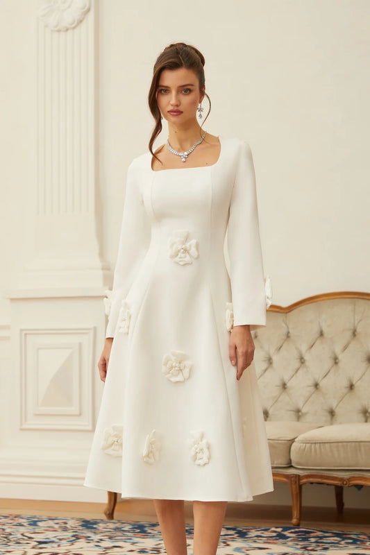 White 3D Petal Darted Midi Dress