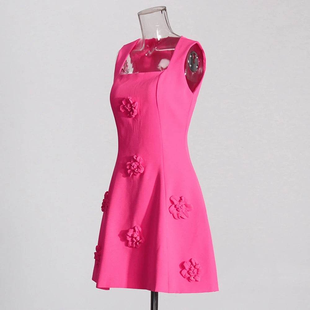 Pink 3D Flower Details A-line Sleeveless Mini Dress - REBECATHELABEL