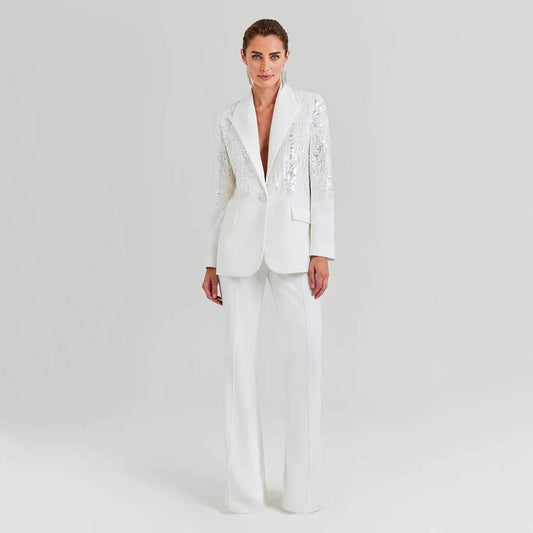 Diamond Two Piece Set with Polo Collar, Long Sleeves, Sparkling Blazer Wide Leg Pants - REBECATHELABEL