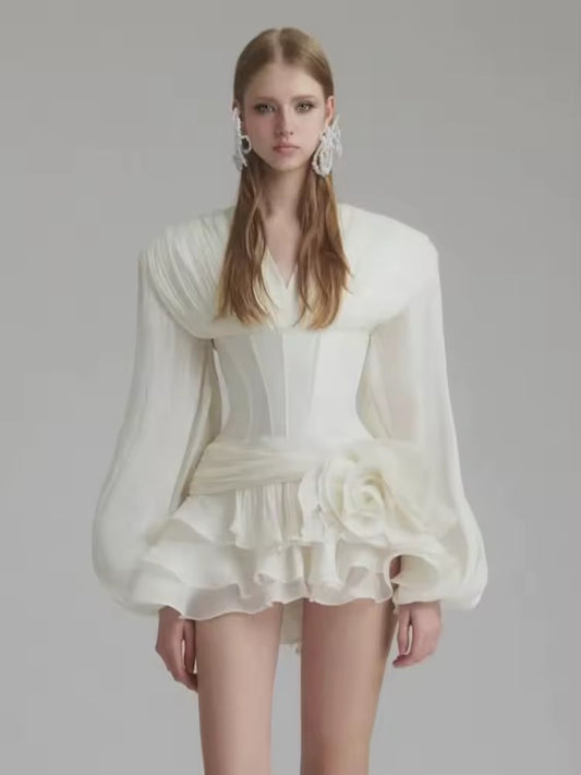 V Neck Lantern Sleeve Ruffles Mini Dress