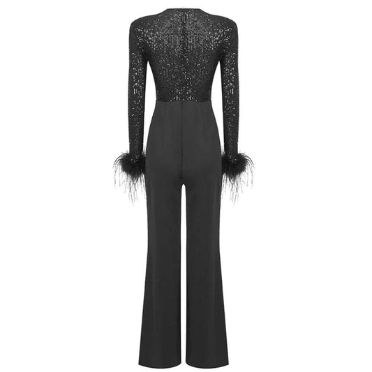 Long sleeved Feather Sexy V-neck Sequin jumpsuit - REBECATHELABEL