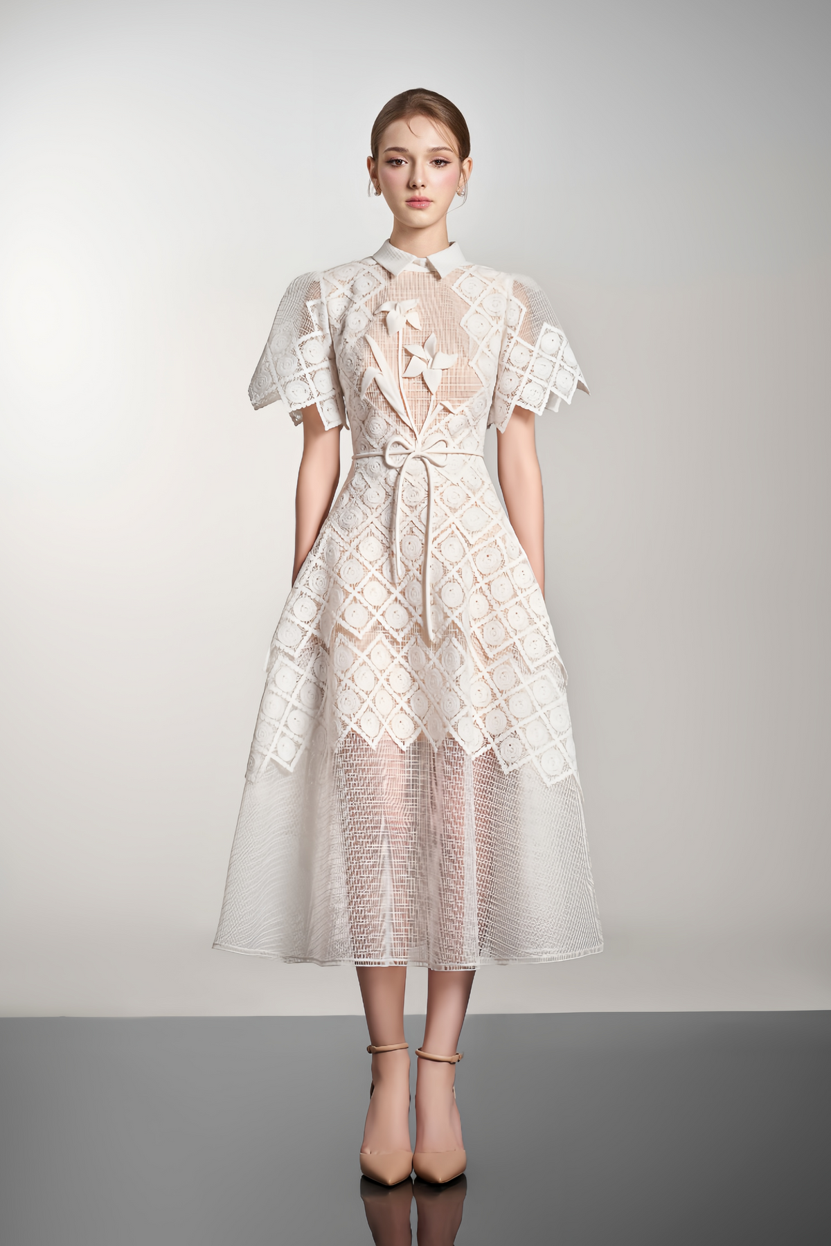 White Floral-embroidered Midi Dress