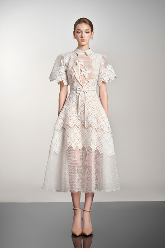 White Floral-embroidered Midi Dress