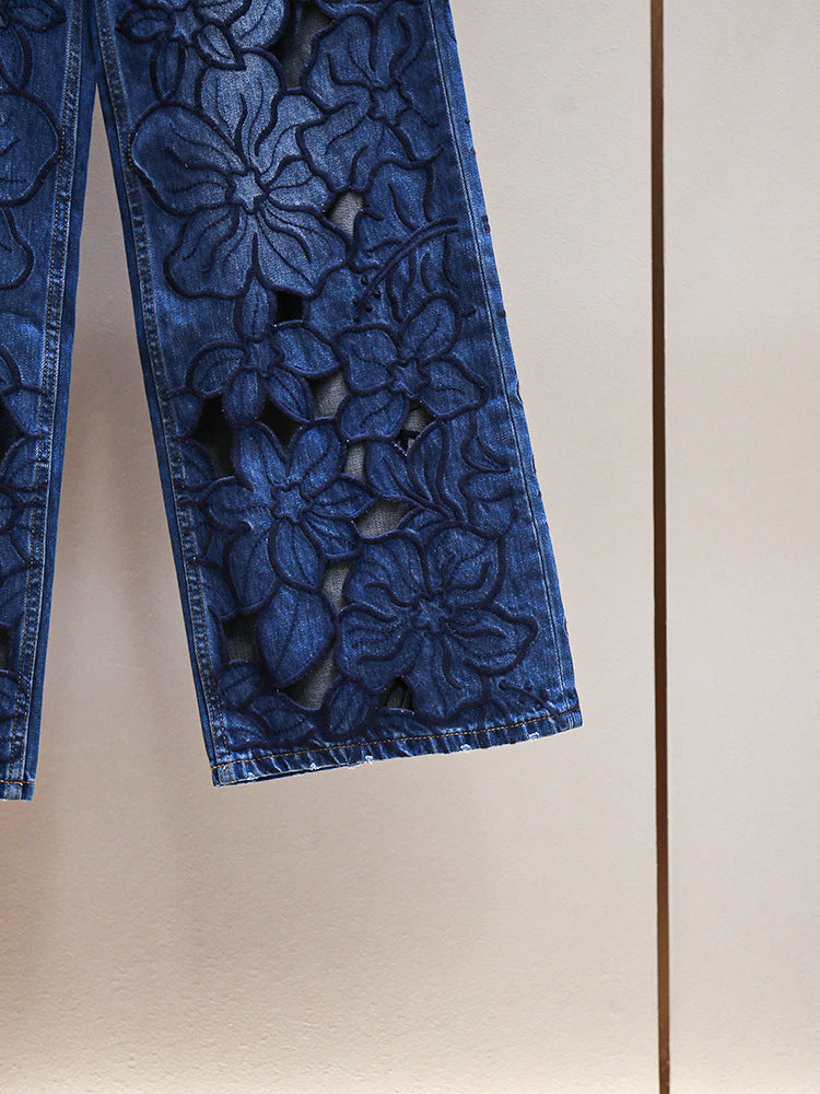 Floral Embroidered Hollow Out Jeans