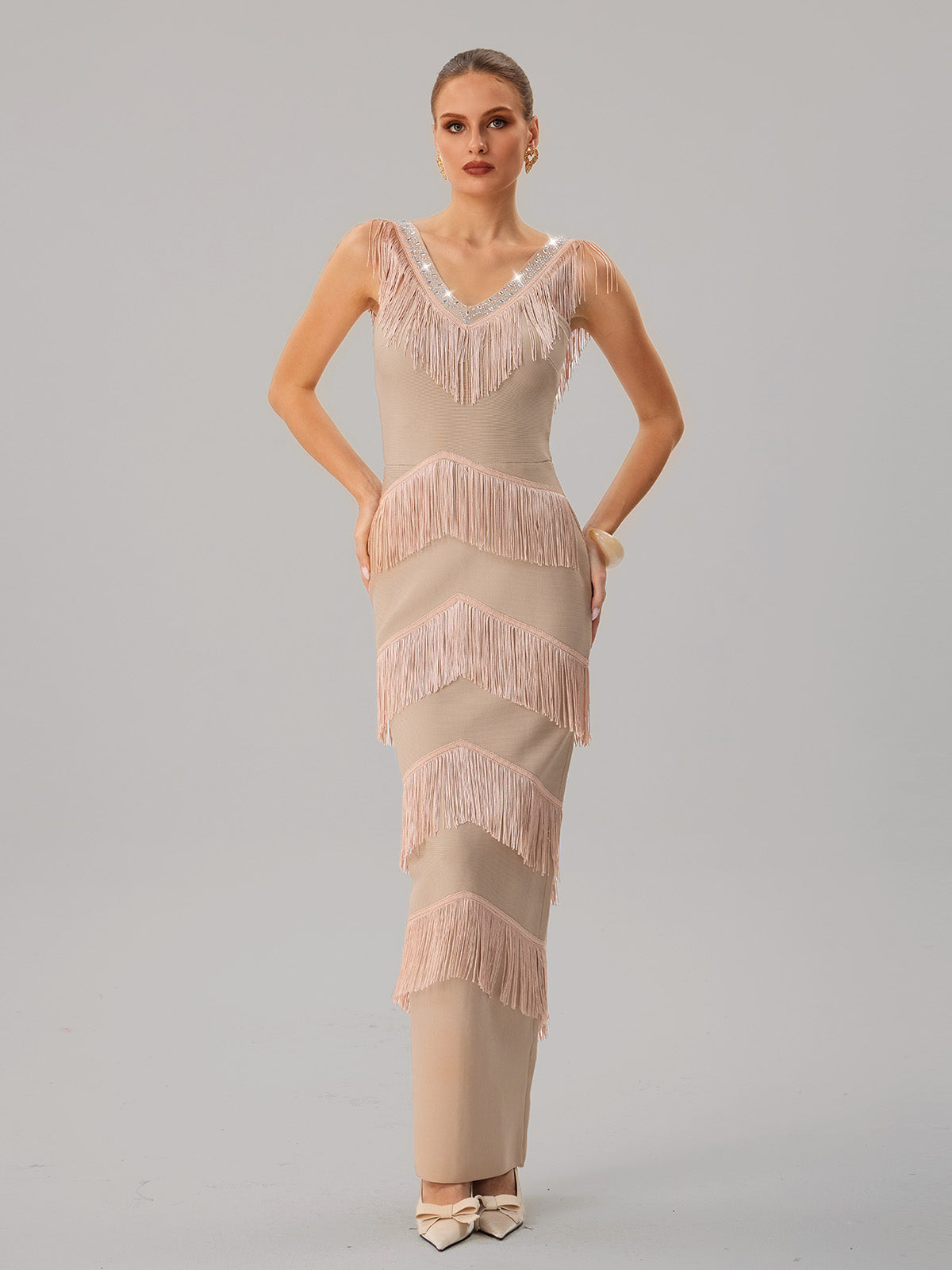 Neck Fringe Split Bandage Maxi Dress