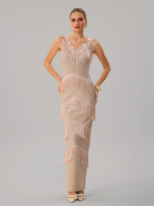 Neck Fringe Split Bandage Maxi Dress