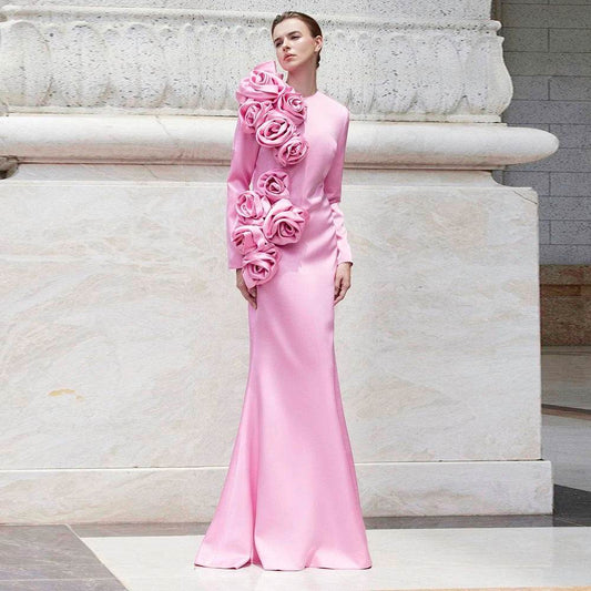 Long Sleeves with Hanging 3D Rose Details Sexy Long Dress - REBECATHELABEL